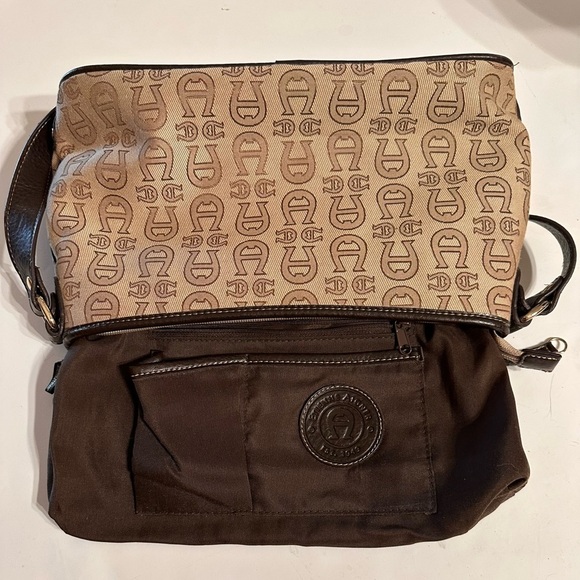 ETIENNE AIGNER Signature Logo Tan With Dark Brown Trim Shoulder Strap Bag - Picture 6 of 16